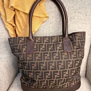 Fendi Brown FF Logo Canvas Tote with Dark Brown Leather Handles